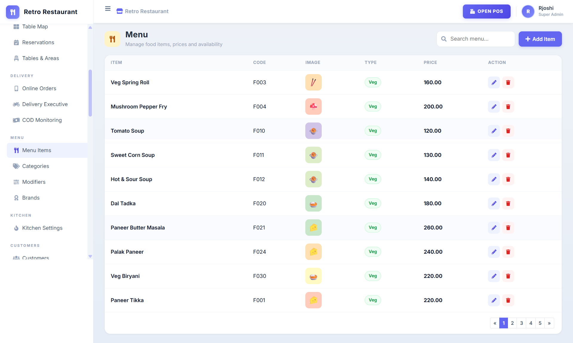 Synexlabs POS menu management — items, codes, images and prices