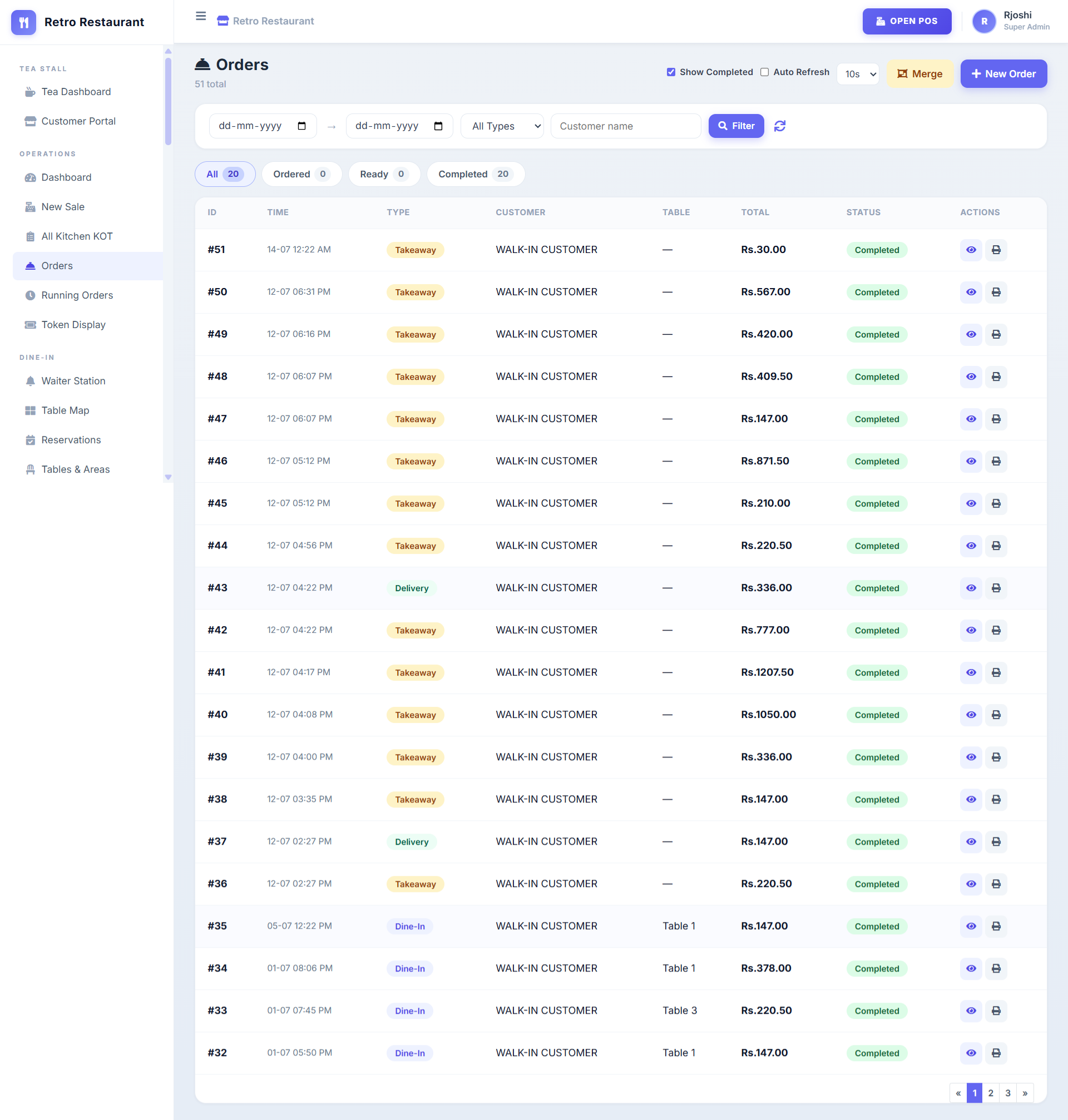 Synexlabs POS orders list with statuses and totals