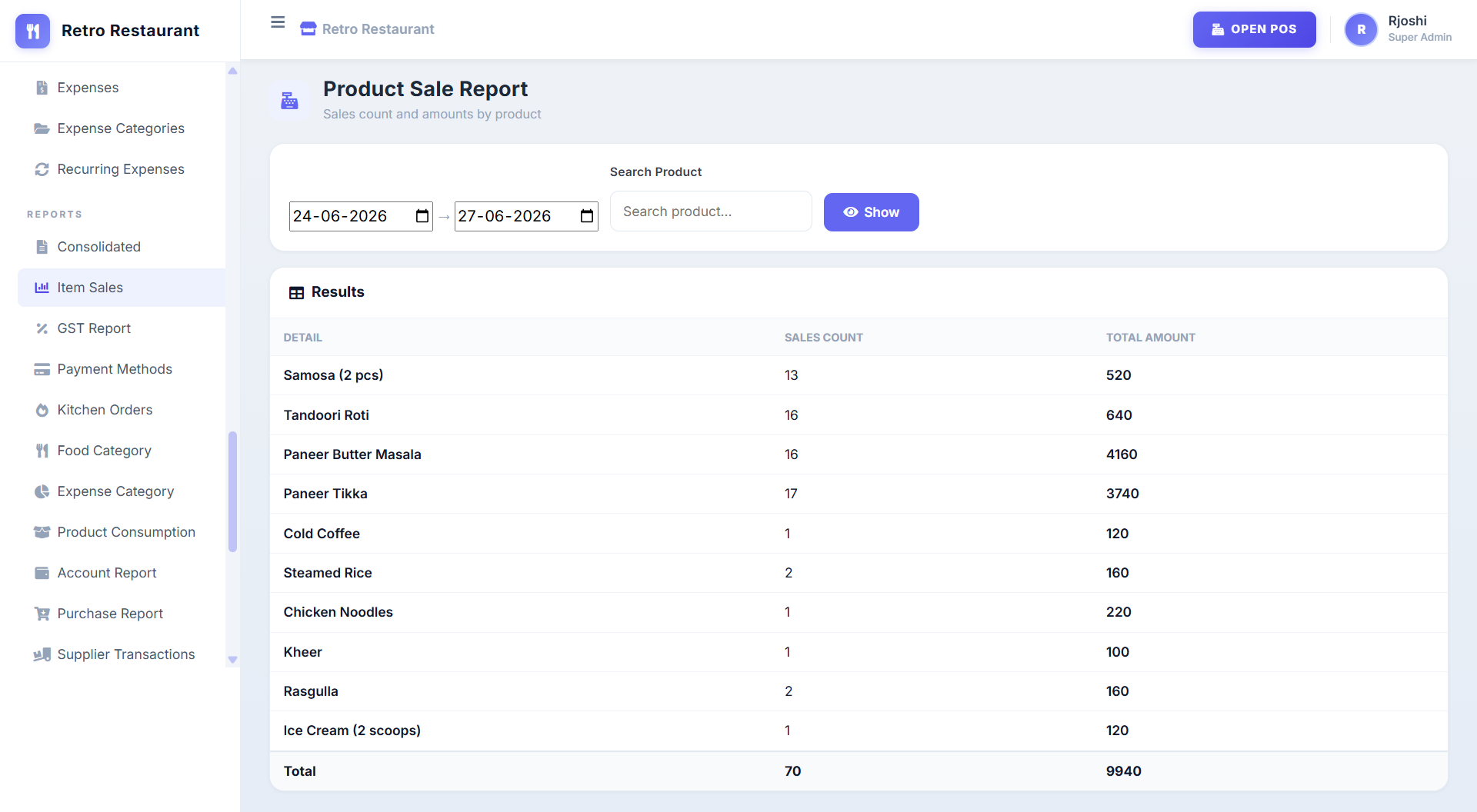 Synexlabs POS product sale report with totals